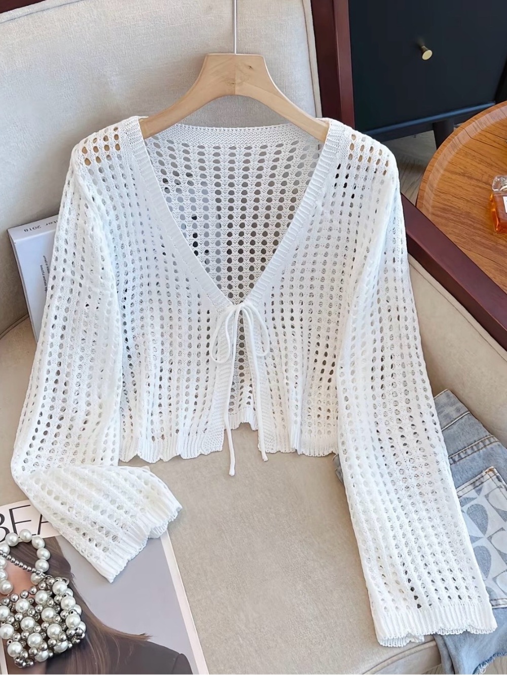 Open Knit Tie Front Cropped Cardigan Sweater